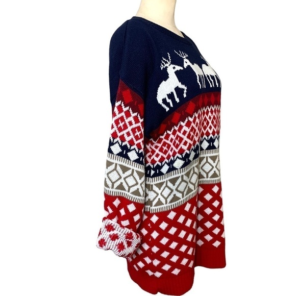 Fair isle Knit Sweater Sz S Oversized Blue Red Winter Deer Ugly Xmas Pullover - Picture 3 of 11